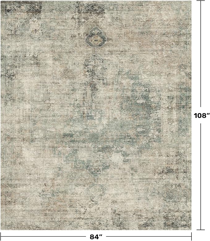 Moss Green Area Rug for Living Room – Washable 7x9 Rustic Farmhouse Carpet for Dining Room, Bedroom Under Bed, Non-Slip with Rubber Backing & Stain Resistant, Medallion Abstract Design