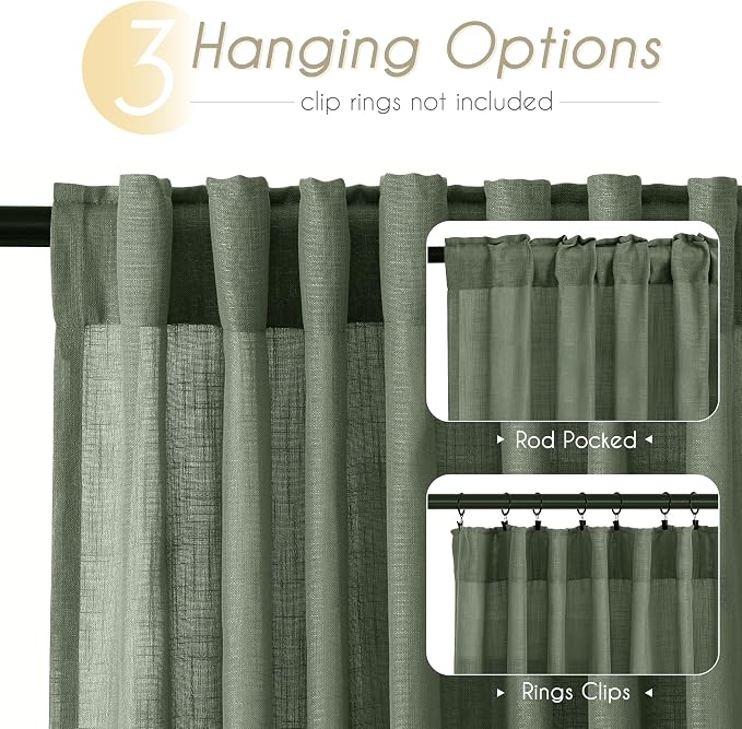 Linen Blend Olive Green Curtains 92 inch Length 2 Panels for Bedroom Back Tab Light Filtering Semi Sheer Drapes Linen Cotton Textured Loden Green Airy Modern Farmhouse Living Room Sage Aesthetic Decor