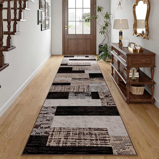 FlyDOIT Modern Geometric Patchwork Area Rug, 2.7x8 Chocolate Runner Rugs for Living Room, Rockwood Collection Indoor Rugs for Bedroom, Throw Carpet Floor Decor for Entryway Dining Room Office Nursery