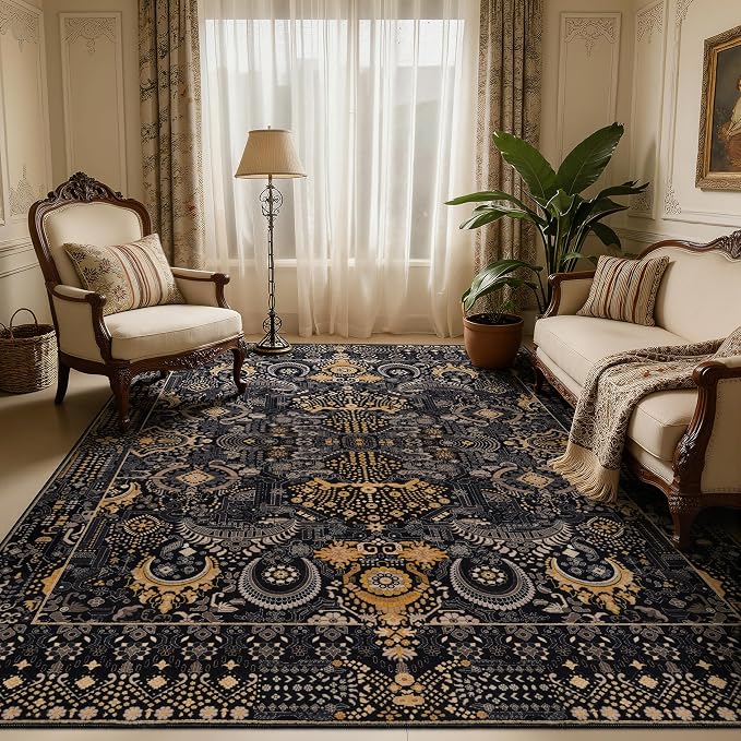 Ruaruarug Area Rug 5'×7', Non Slip Machine Washable Ultra Soft Stain & Fade Resistant, Pet & Kids Friendly, for Living Room/Bedroom/Kitchen/Classroom, Black and Gold