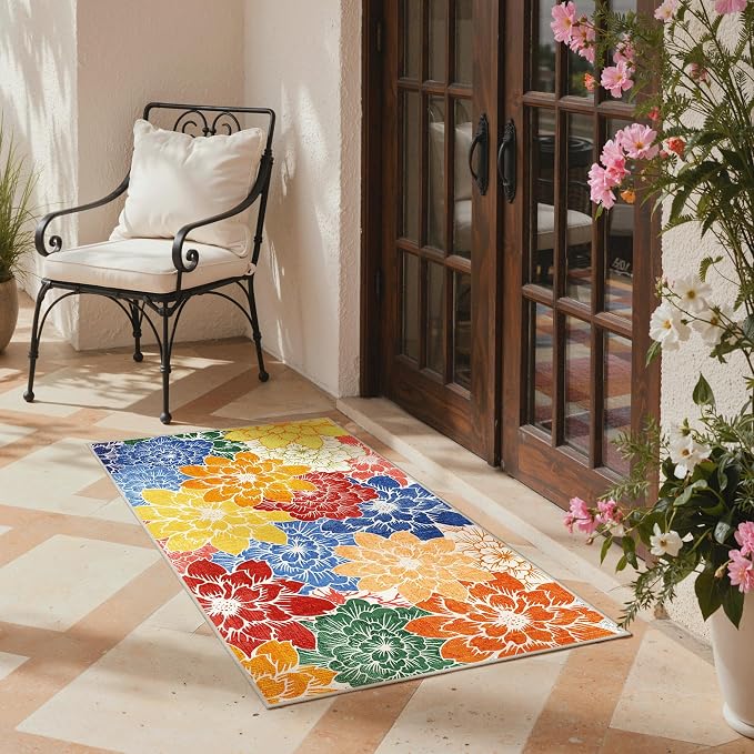 GENIMO 3x5 Outdoor Rug, Washable for Porch and Balcony, Multicolor | Floral design for entryway; fade resistant chenille with quick-dry non-slip backing for indoor mudroom
