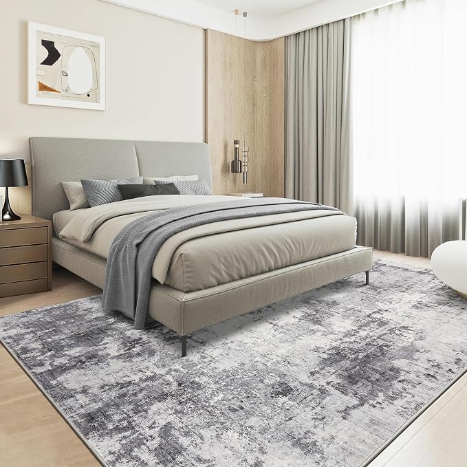 Abstract 9x12 Area Rug: Machine Washable Non Slip Ultra Thin Low-Pile Carpet, Soft Stain Resistant for Living Dining Room Bedroom, Kid Pet Friendly, Robot Vacuum Compatible - Grey