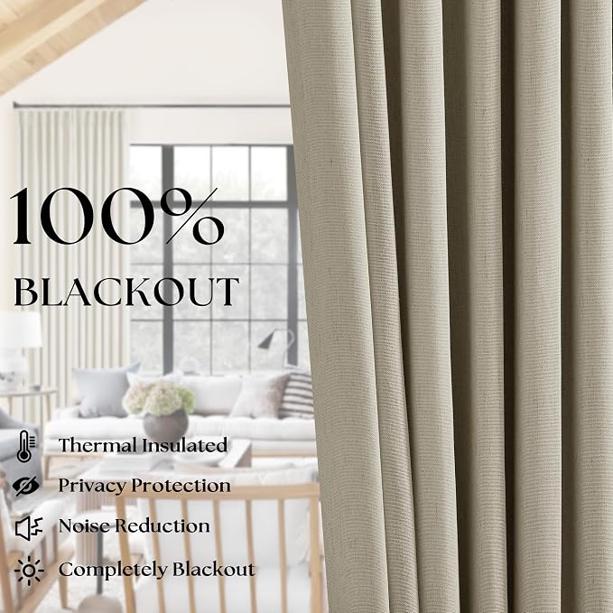 Burlywood Birch Pleated 100% Blackout Linen 45 Inch Curtains with Liner | Memory Trained Pinch Pleat, Thermal Insulated, Noise Reducing, Greyish Beige Black Out Curtains for Cafe Kitchen 2 Panels