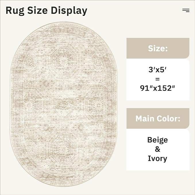 Soalmost Small Oval 3x5 Rug for Entryway, Machine Washable Area Rug for Kitchen, Bedroom Bedside, Non-Slip Throw Rug, Vintage Carpet for Nursery Coffee Table, Beige