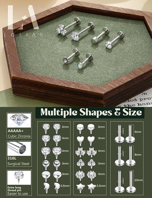 LOLIAS 16G 18G Flat Back Stud Earrings for Women - Hypoallergenic Surgical Steel Internal Thread Stud Piercing Jewelry for Tragus Helix Cartilage Conch Nose 6MM 8MM 10MM Lip Labret Medusa Piercing