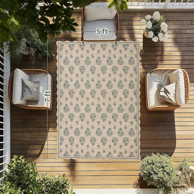 ORTIGIA Scalloped Easy Jute 5x7 Area Rug Vintage Green Floral Accent Farmhouse Washable Rug Non-Slip Indoor Outdoor Carpet for Living Room Bedroom Patio Entryway
