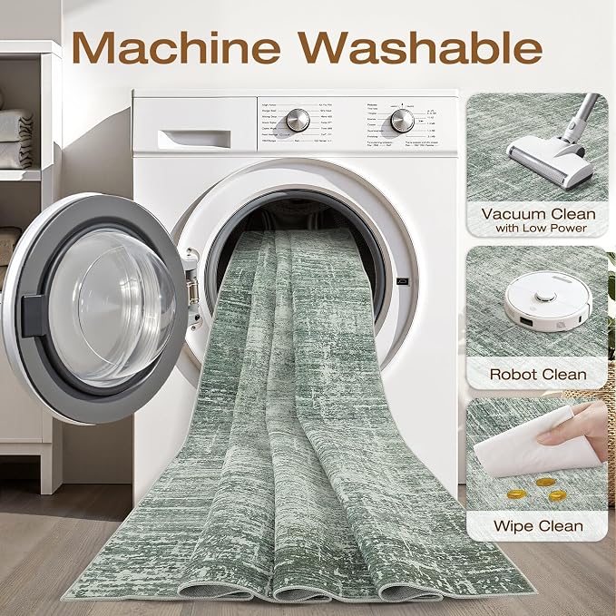 6x9 Area Rugs Living Room: Washable Large Neutral Rug Abstract Soft Modern Stain Resistant Indoor Floor Non-Slip Carpet for Bedroom Nursery Kids Office Playroom Dining Room Under Table- Dark Green