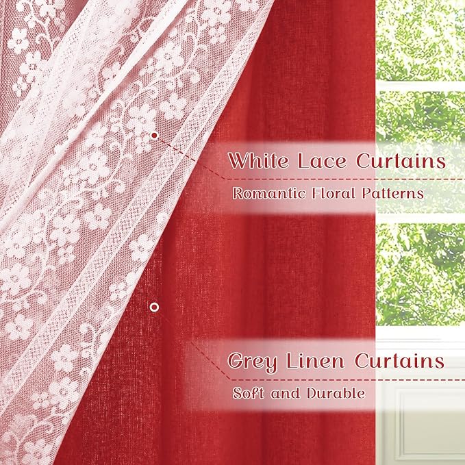 ASPMIZ Linen Valance Curtains Double Layers Window Curtains with Linen Lace, Farmhouse Kitchen Curtain Valance Light Filtering Cafe Curtain 18 Inch Window Treatment Rod Pocket for Bathroom, 52x18 Red