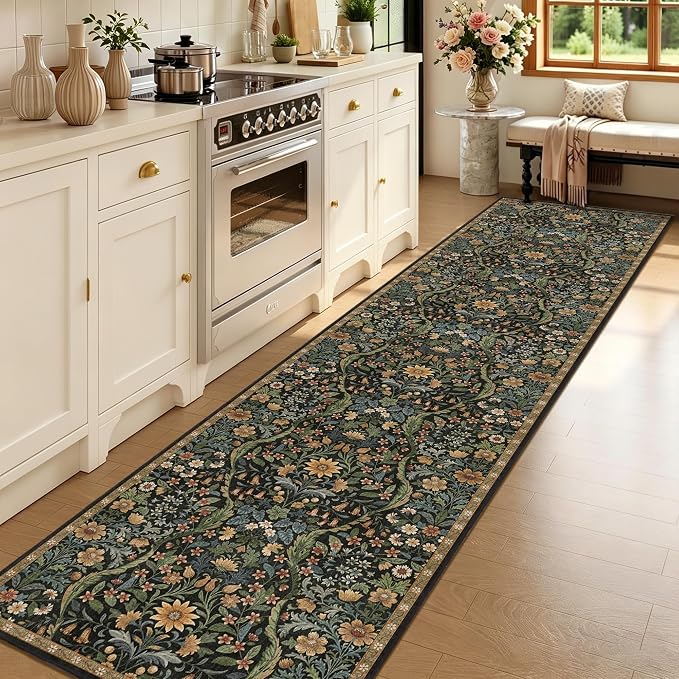 3x12 Washable Runner Rug,Black Brown Floral Boho Area Rug for Hallway,Low-Pile Non-Slip Stain Resistant Long Carpet for Kitchen, Bedside,Laundry Room,Entryway