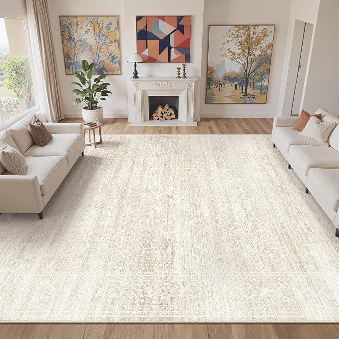 Soalmost Living Room 10x14 Area Rugs, Washable Soft Rug Beige/Cream | Low Pile Non-Slip Stain Resistant Extra Large Thin Rug, Vintage Throw Carpet for Dining Room Bedroom Farmhouse Home Office