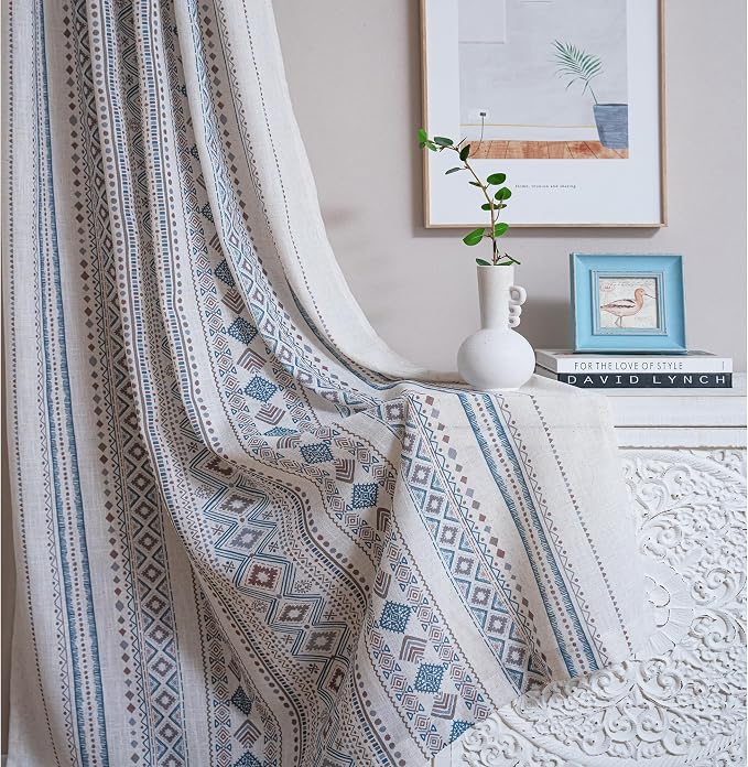 MYSKY HOME Curtains 84 inches Long for Living Room Boho Linen Sheer Drapes Geometric Farmhouse Decor Light Filtering Privacy Protect Soft Touch Treatment Back Tab for Home, 50" Wide, Khaki, 2 Panels