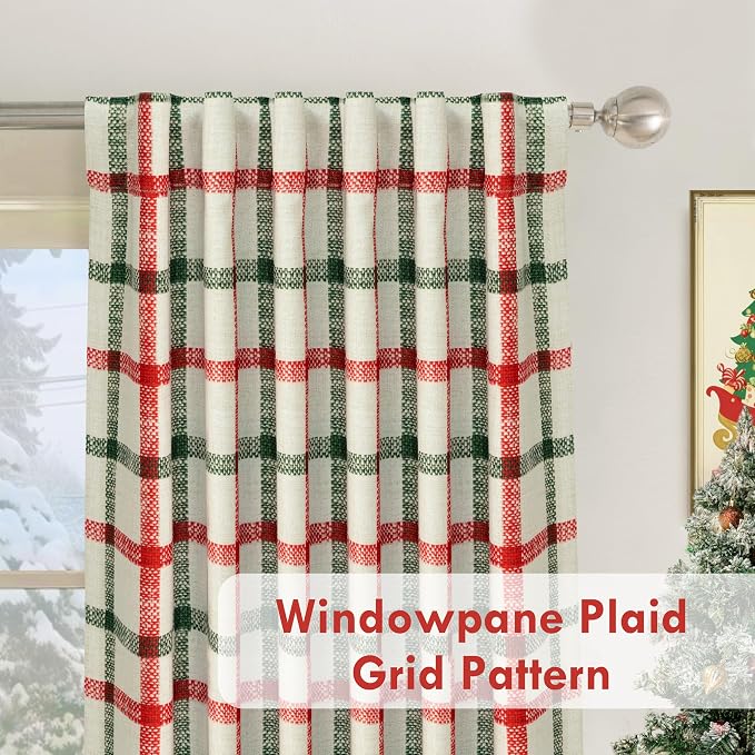 DriftAway 100% Blackout Plaid Curtains 63 Inches Long 2 Panels Red Green | 100% Blackout, Linen Texture, Plaid Pattern, Two Layers, Rod Pocket & Back Tab, Bedroom Living Room Use, Luxury Appearance