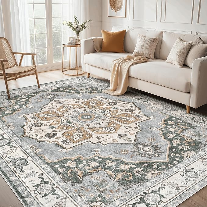 9x12 Washable Area Rug: Vintage Neutral Soft Non Slip Thin Large Floor Carpet for Living Room Bedroom Kitchen Dining Room Home Office Farmhouse Indoor - Green