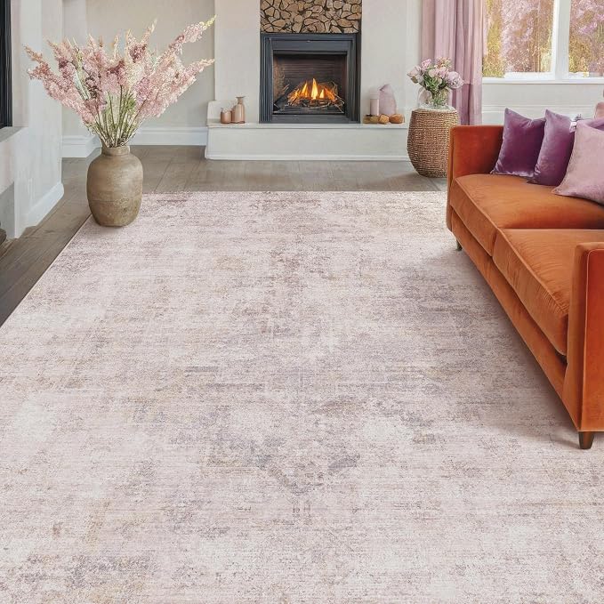 Washable Modern Living Room 8x12 Area Rugs - Pink and Grey Rug for Dining Room Under Table, Large Bedroom Carpet, Non Slip & Soft, Medallion Distressed Print Pattern