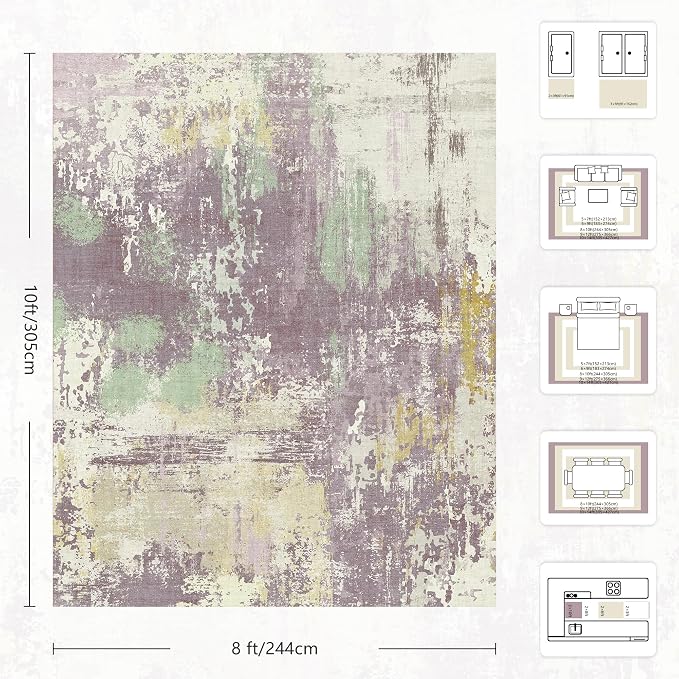 8x10 Rugs for Living Room - Modern Abstract Washable Rug, Ultra Soft Non Slip Low Pile Large Rugs, Floor Carpet for Bedroom Dining Room Office Laundry Nursery Home（Violet Color）