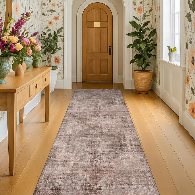 2'6" x 8' Washable Red Brown Hallway Runner Rug, Non-Slip Low-Pile