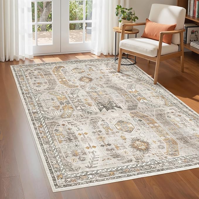 befbee 3x5 Rug, Ultra-Thin Area Rugs for Living Room,Non-Slip Lightweight Washable Rug for Bedroom,Kitchen,Entryway,Stain Resistant Small Carpet (Brown/Gold, 3'x5')
