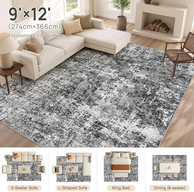 cotiled Washable Area Rug 9x12, Non-Slip Soft Neutral Rug for Living Room | Modern Abstract Carpet, Stain Resistant and Kid & Pet Friendly, Ideal For Bedroom, Dining Room, Nursery, Office - Blue/Gery