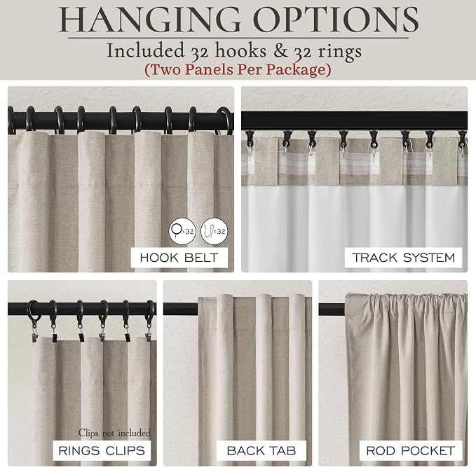 Grey Flax Taupe Hook Belt&Rod Pocket Curtains 84 inch Length 2 Panels Set, White Backing Thermal Living Room/Bedroom/Sliding Door Linen Blackout Curtain Window Boho Summer Drapes (50"Wx84"L)