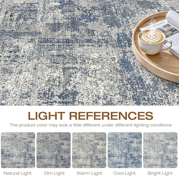 10x12 Area Rug Living Room: Washable Large Neutral Rug Abstract Soft Modern Stain Resistant Indoor Floor Non-Slip Carpet for Bedroom Nursery Kids Office Playroom Dining Room Under Table- Blue Gray