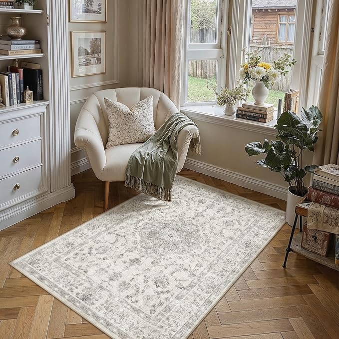 PureCozy 3x5 Washable Small Area Rug Gray Vintage Oriental Retro | Non Slip, Soft Low Pile, Indoor Carpet for Entryway, Kitchen, Bathroom