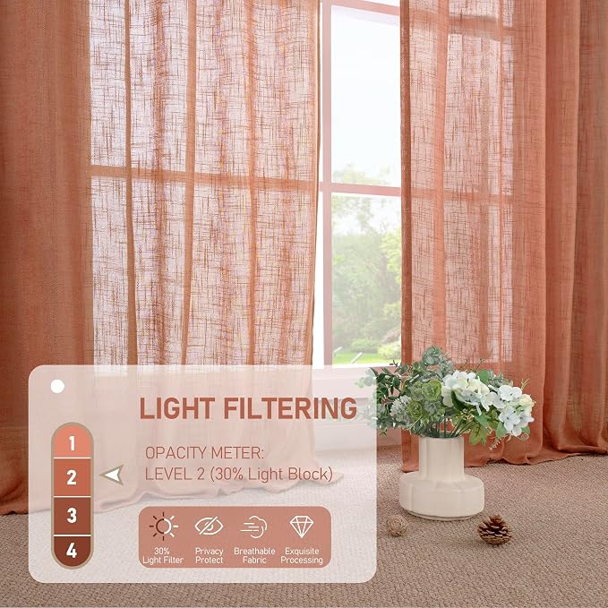 LAMIT Terracotta Linen Curtains 80 inch Length 2 Panels, Light Filtering Semi Sheer Panels Back Tab and Rod Pocket Neutral Drapes for Bedroom/Living Room, 34 x 80 Inch