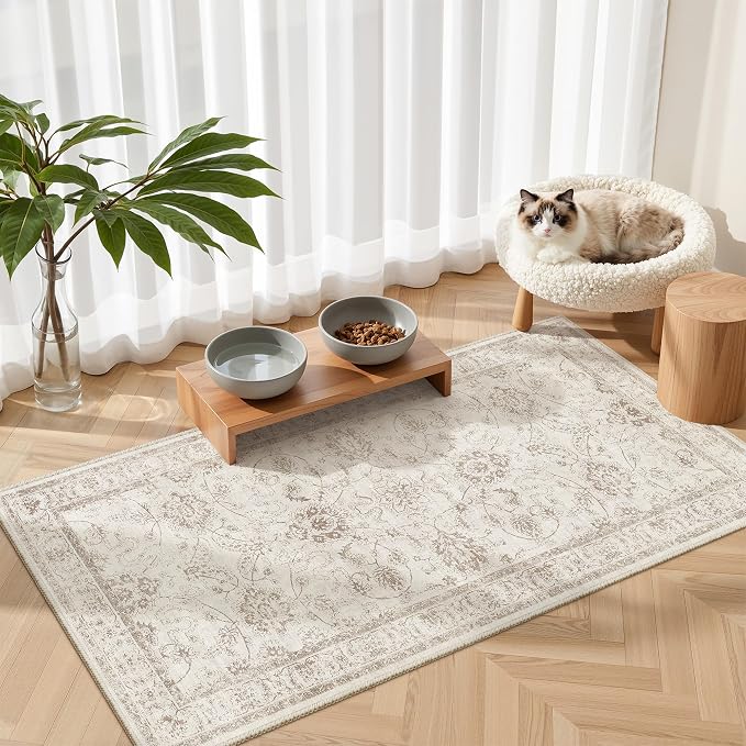 Madane 2x4 Washable Rugs for Entryway, Low Pile Non-Slip Small Area Rug Kitchen Door Mat, Vintage Soft Throw Neutral Rug Floor Mat for Indoor Front Entrance Bathroom Hallway (2 x 4, Brown/Ivory)