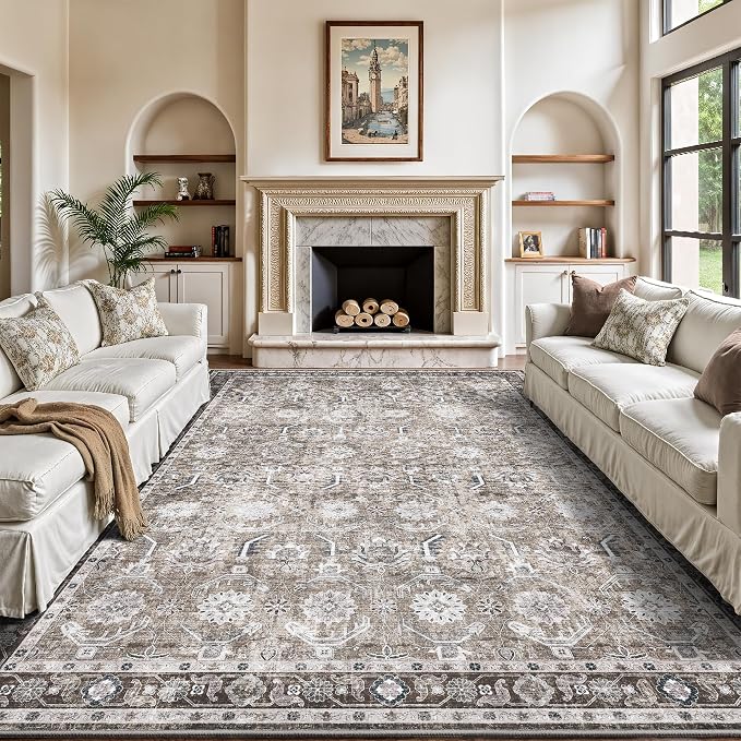 8x10 Area Rugs, Soft Non Slip Low Pile Washable Rug, Boho Modern Rug for Living Room, Bedroom, Dining Room, Brown