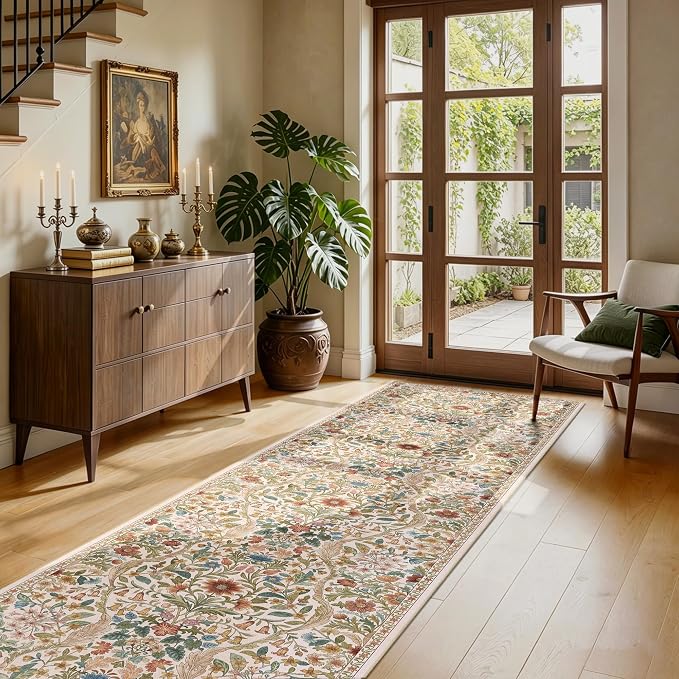 2x8 Washable Runner Rug, Beige Ginger Floral Boho Area Rug for Hallway, Low-Pile Non-Slip Stain Resistant Carpet for Kitchen, Bedside, Laundry Room, Entryway