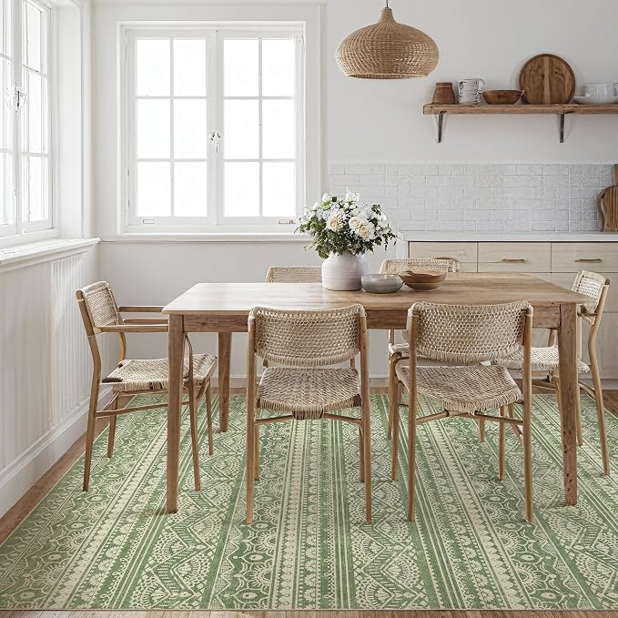 Tortania Area Rug Living Room Rugs - 10x12 Washable Large Soft Neutral Boho Moroccan Bohemian Farmhouse Rug Indoor Floor Carpet for Bedroom Under Dining Table Home Office Decor - Green