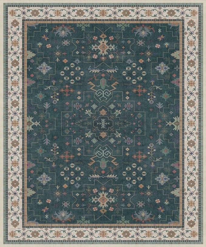 Hazo Haus Dark Green Oushak Living Room Rug 10x12 - Modern Vintage Boho Eclectic Floral Pastel, Washable Low Pile Non-Slip Extra Large Area Rugs for Dining Under Table Bedroom Lounge