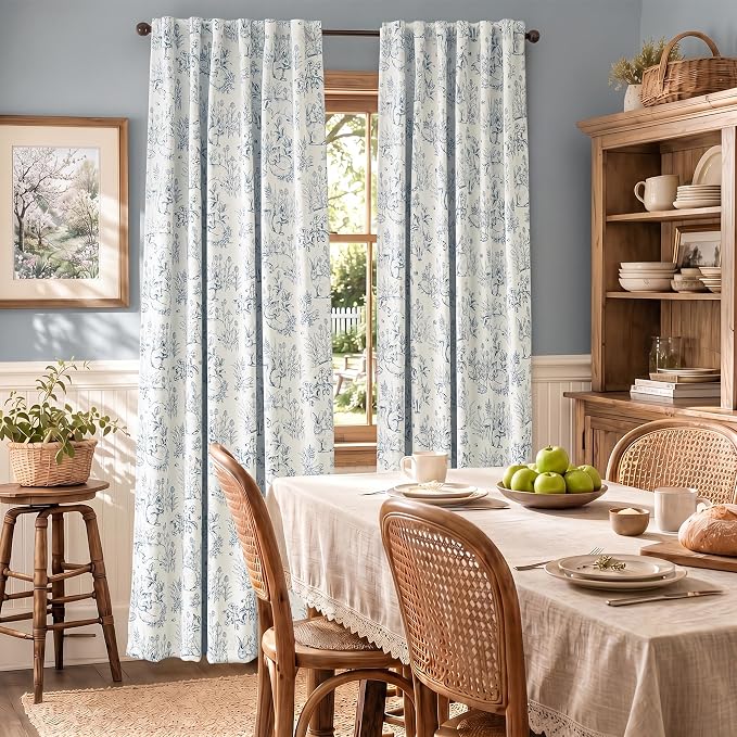 jinchan Blue Blackout Curtains 84 Inch Whimsical Back Tab 2 Panels | Room darkening,nursery kids bedroom,privacy,whimsical,cottagecore,bunny pattern,botanical,nature-inspired decor