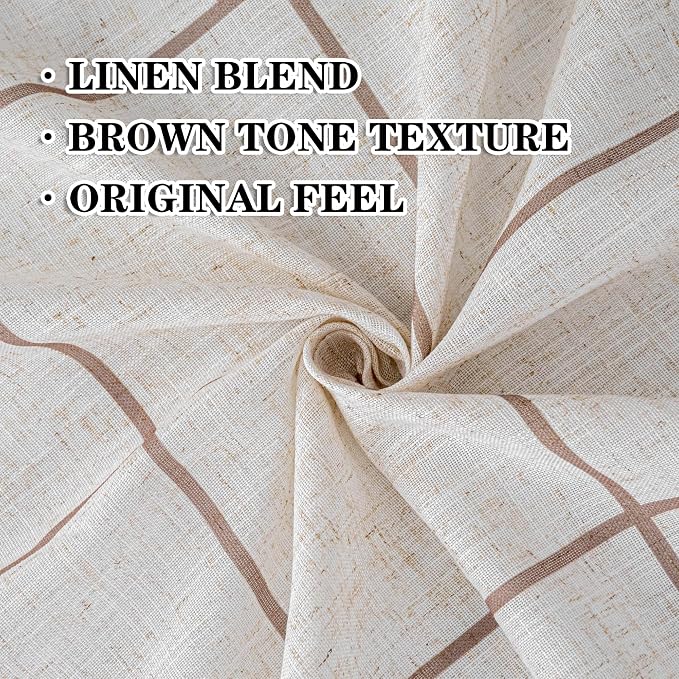 MYSKY HOME 100% Blackout Brown Plaid Linen Curtains 63 Inches Long Checkered Double Layer Farmhouse Thermal Insulated Print Drapes with Rod Pocket Back Tab for Living Room Bedroom, 2 Pcs, 52" Wide