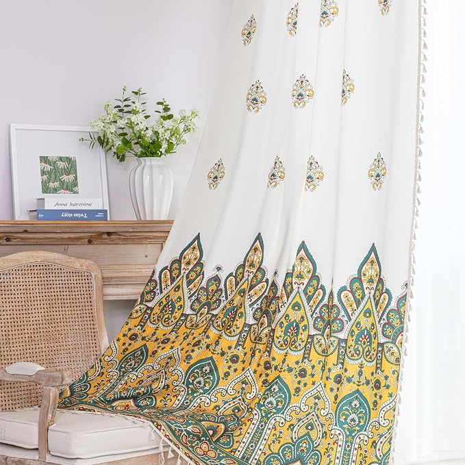 Yellow Paisley Curtains 96 Inches Long, Boho Farmhouse Light Filtering Rod Pocket Drapes with Tassel Trim for Bedroom Living Room, 2 Panels