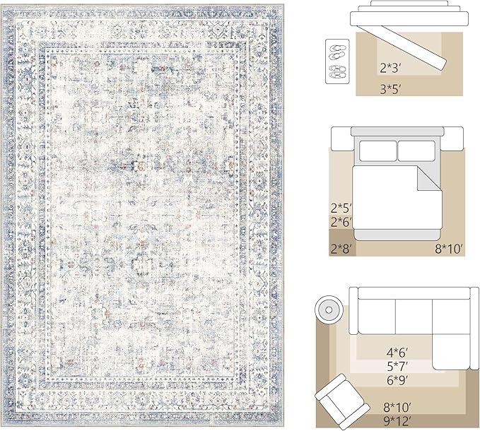 FMFUNCTEX 8x10 Washable Area Rug Blue Neutral Vintage Distressed Oriental Large Non Slip Carpet for Living Room Bedroom Traditional Retro Soft Low Pile Indoor Rugs for Dining Room Office Nursery