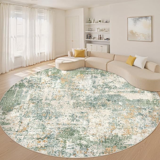 10ft Round Rug Living Room Rugs: 10x10 Washable Circle Large Abstract Modern Soft Stain Resistant Non-Slip Indoor Floor Carpet for Bedroom Nursery Office Dining Room Playroom Home House- Green