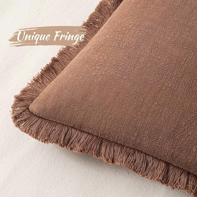 MIULEE Decorative Throw Pillow Covers Neutral Linen Fringe Throw Pillows Set of 2 Brick Boho Farmhouse Cushion Covers with Tassels for Couch Sofa Bed Living Room Fall Home Decor 18x18 Inch