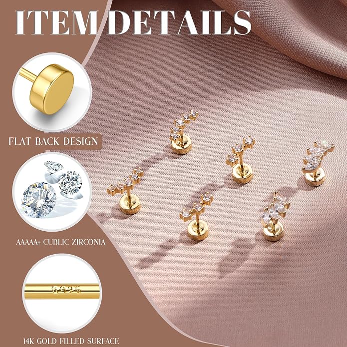 14K Gold Plated Solid 925 Sterling Silver Post Flat Back Earrings Stud | Cartilage Helix Conch Tragus Piercing Jewelry 3 Pairs Tiny Screw Dainty CZ Opal Earring Set Men Women