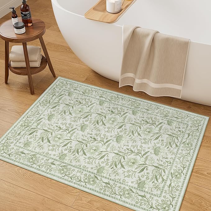 DUKINO 2x3 Rug, Washable Vintage Floral Bathroom Rugs Non Slip, Sage Green | Low Pile, Stain Resistant Boho Soft Indoor Door Mat, Small Front Door Carpet for Entryway Kitchen Laundry Bedroom Farmhouse