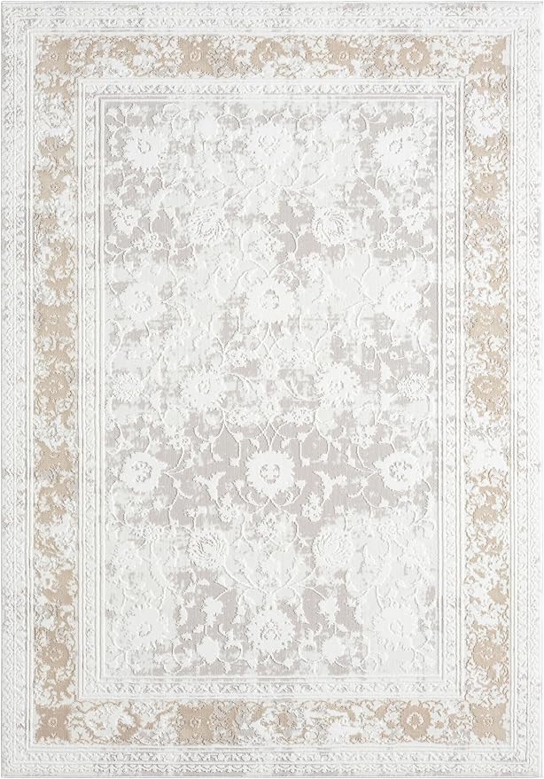 Amber Traditional Floral Area Rug for Living Room, 5x7 Vintage Persian-Inspired Cream Neutral Rug, Medium Pile Stain Resistant Carpet for Bedroom, Dining Room or Kitchen (5' x 7', Cream)