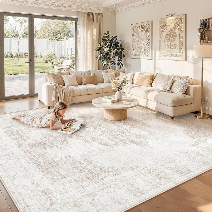 5X7 Area Rugs for Living Room, Washable Rugs Beige Vintage Medallion Non-Slip Soft Low Pile Rug Large Indoor Retro Carpet for Bedroom Dining Room Home Office Nursery Room(Beige,5'x7')