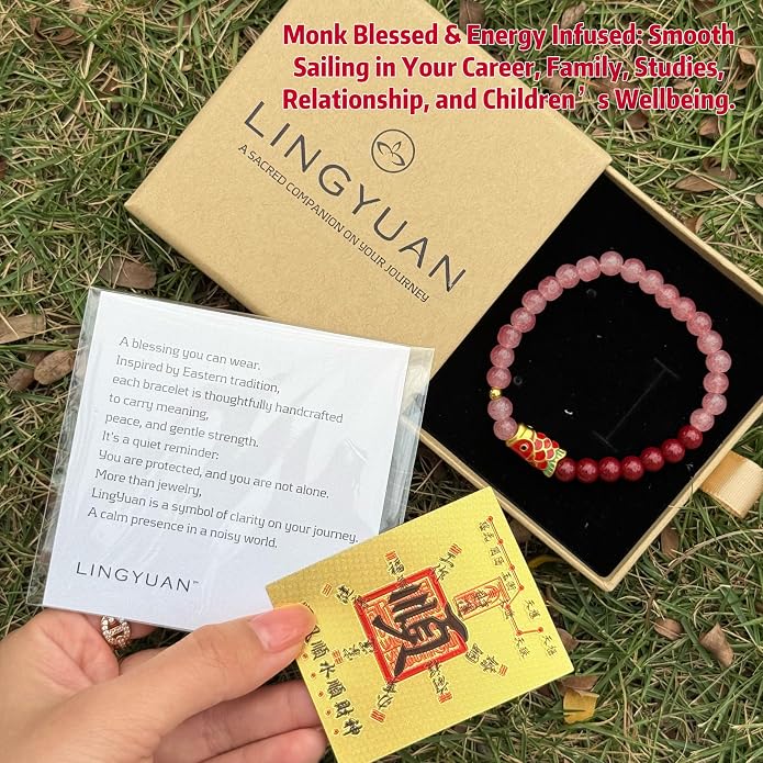 LINGYUAN Feng Shui Wealth and Luck Bracelet with Gold Foil Five Gods Amulet-Red Agate Cinnabar Gemstone Bracelet for Prosperity, Protection & Success, Lucky Charm Gift for Men & Women