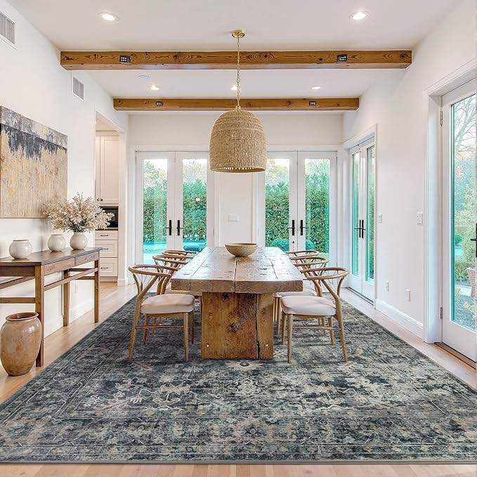 Rugxara Blue 10x14 Area Rugs for Living Room Bedroom Large Washable Rug | Non Slip, Rug for Dining Room Office Farmhouse, Stain Resistant, Soft, Low Pile, Vintage Boho Carpet, Home Decor