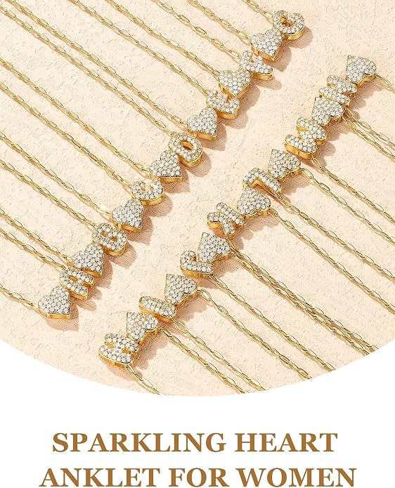KeyStyle Initial Ankle Bracelets for Women, Stainless SteeL Heart Anklets – Waterproof Layered CZ Initial Anklets,Dainty Summer Foot Jewelry, Mom Birthday Surprises,Gold/Silver