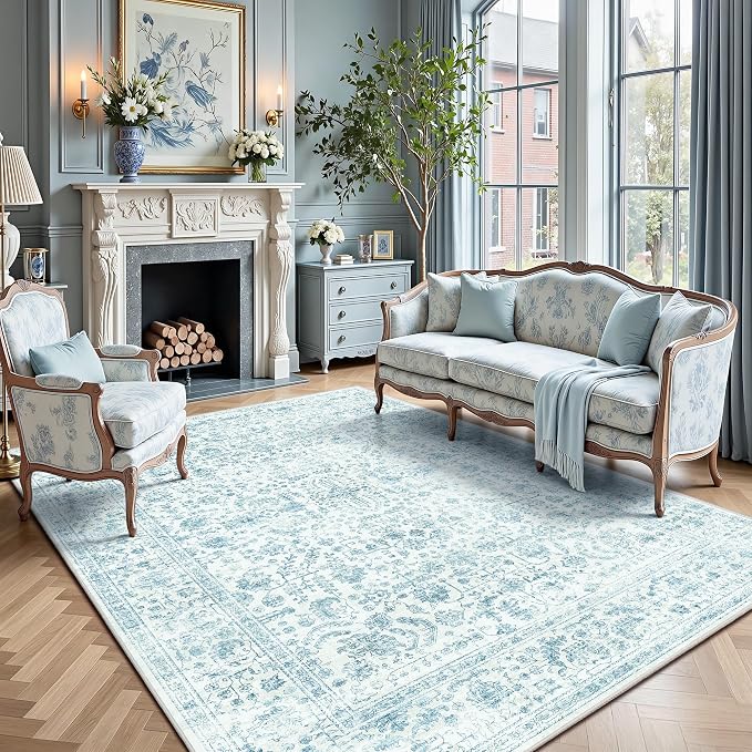 6x9 Area Rugs, Washable Vintage Retro Floral Rug for Living Room, Low Pile Non Slip Distressed Large Carpet for Bedroom, Dining Room, Office, Home (Blue)