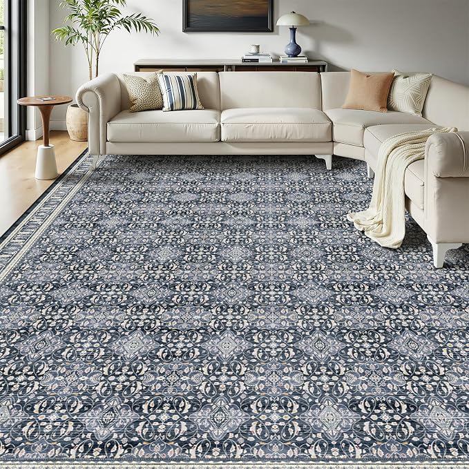 Boho Floral Moroccan Trellis Large Area Rugs 9x12 for Living room, Dark Blue Classic Transitional Style Room Carpet Rug for Bedroom Dining Room, Washable Rug with Rubber Back Low Pile Thin Soft