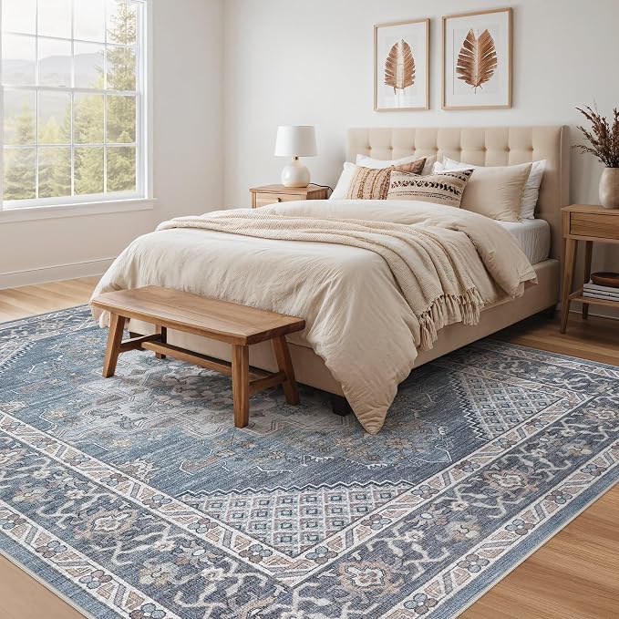 Tortania Area Rug Living Room Rugs - 9x12 Washable Boho Rug Vintage Oriental Distressed Farmhouse Large Thin Indoor Carpet for Living Room Bedroom Under Dining Table Home Office - Blue