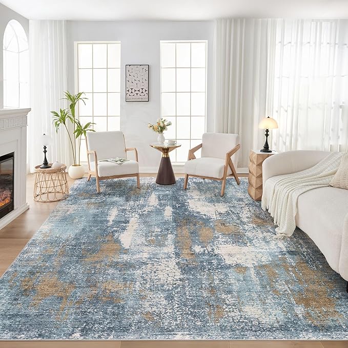 DMOYEST Area Rug Living Room Rugs - 8x10 Washable Large Soft Indoor Neutral Modern Abstract Low Pile Rug Carpet for Bedroom Dining Room Farmhouse Home Office - Blue Brown