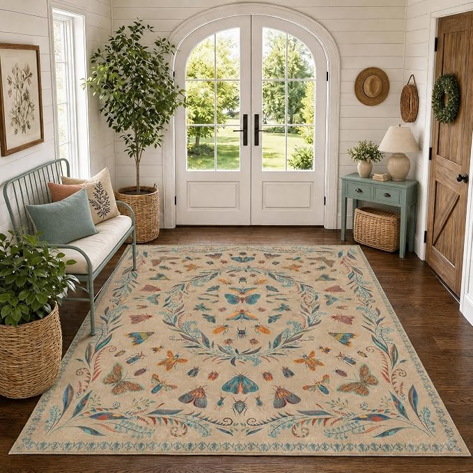 Washable Living Room Area Rug 5x7, Ultra Soft Carpet for Bedroom, Dining Room, Vintage Farmhouse Home Décor, Low Pile Non Slip Stain Resistant Rug (Brown & Blue)