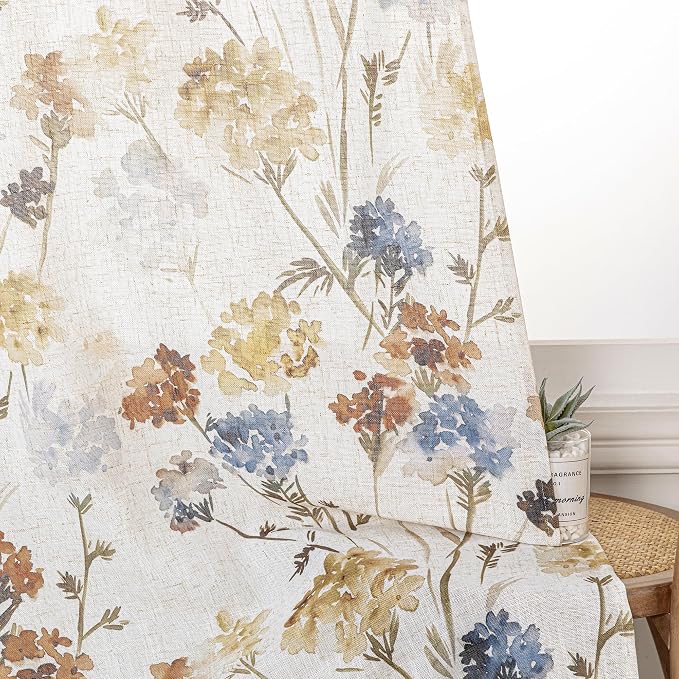 MYSKY HOME Floral Linen French Door Curtains 72 inch Long 2 Panels for Front Door - Light Filtering Privacy Semi Sheer Window Curtains with Rod Pocket, Yellow, 24" W x 72" L